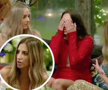 Women from "The Bachelor Australia" in an intense conversation, one covering face, inset shows a woman expressing concern.