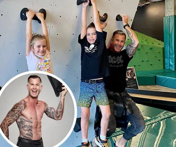 "Shannan Ponton with two kids at a climbing gym; inset shows him shirtless with tattoos holding a hat."