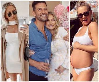 Pregnant woman in three outfits: beige coat with white dress, floral top with partner, and bikini holding belly.