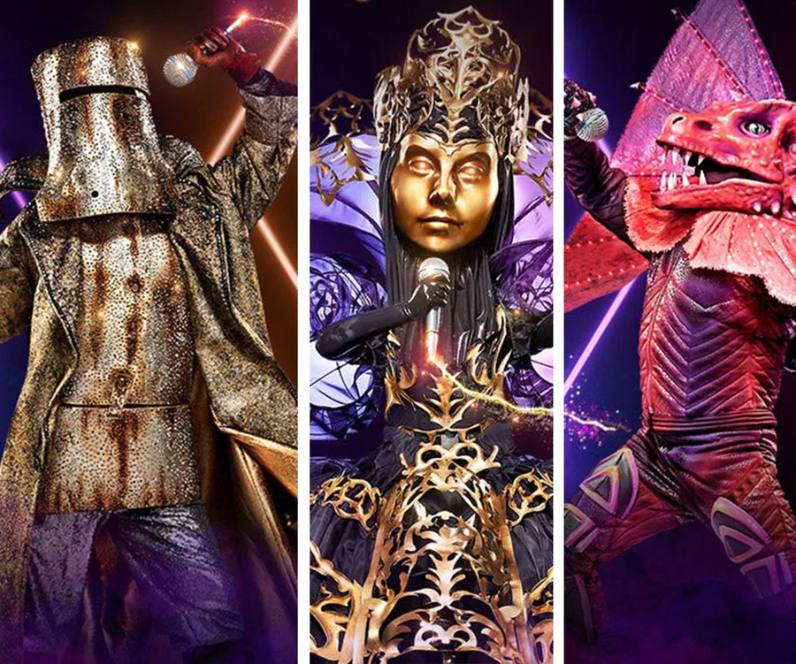 Three costumed contestants from The Masked Singer Australia 2020: a bushranger, a queen, and a dragon.