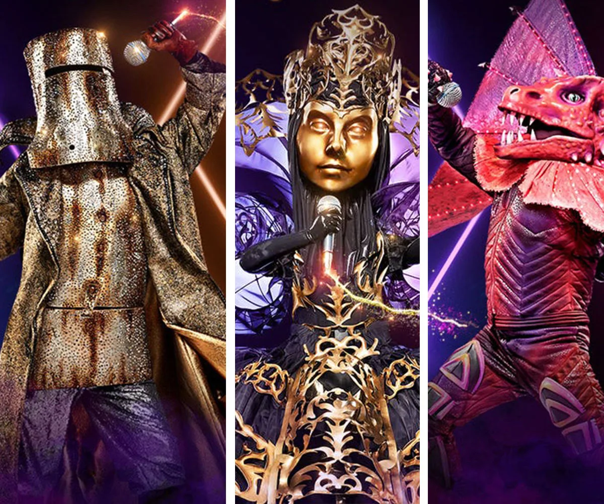 Three costumed contestants from The Masked Singer Australia 2020: a bushranger, a queen, and a dragon.