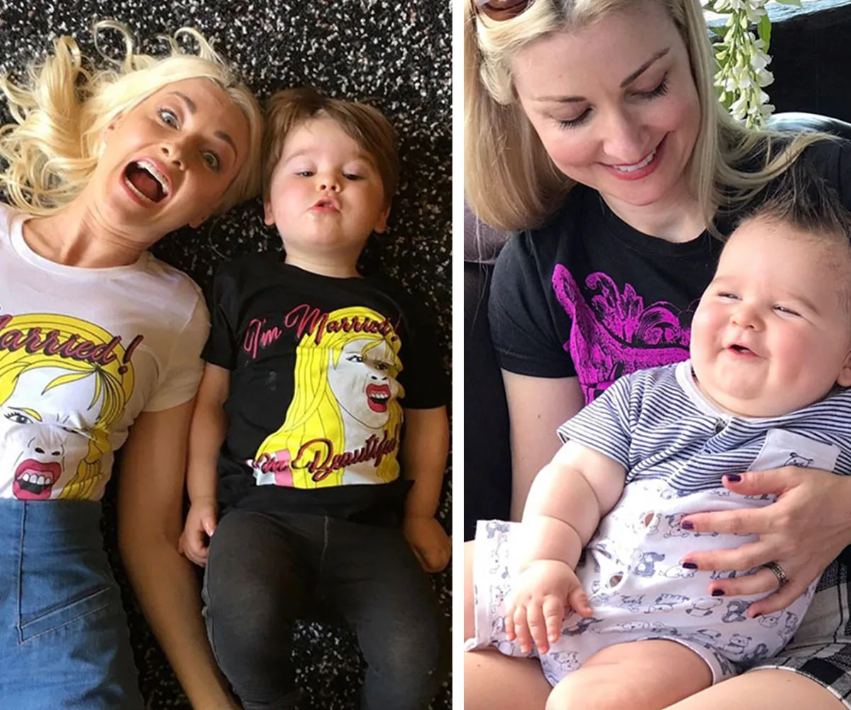 A woman and child lying on the floor in matching graphic tees, and a smiling woman holding a laughing baby.