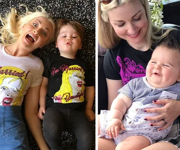 A woman and child lying on the floor in matching graphic tees, and a smiling woman holding a laughing baby.