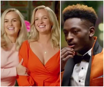 Women smiling in colorful dresses alongside a man in an orange tuxedo jacket and bow tie, appearing thoughtful.