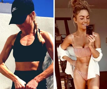 Person showing fitness progress: one in workout gear outside, another in a striped bikini indoors, both smiling.