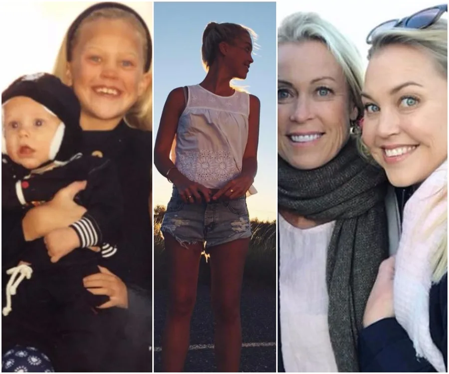 "Collage of childhood and adult photos of a woman with family and friends smiling, standing outdoors, and embracing."