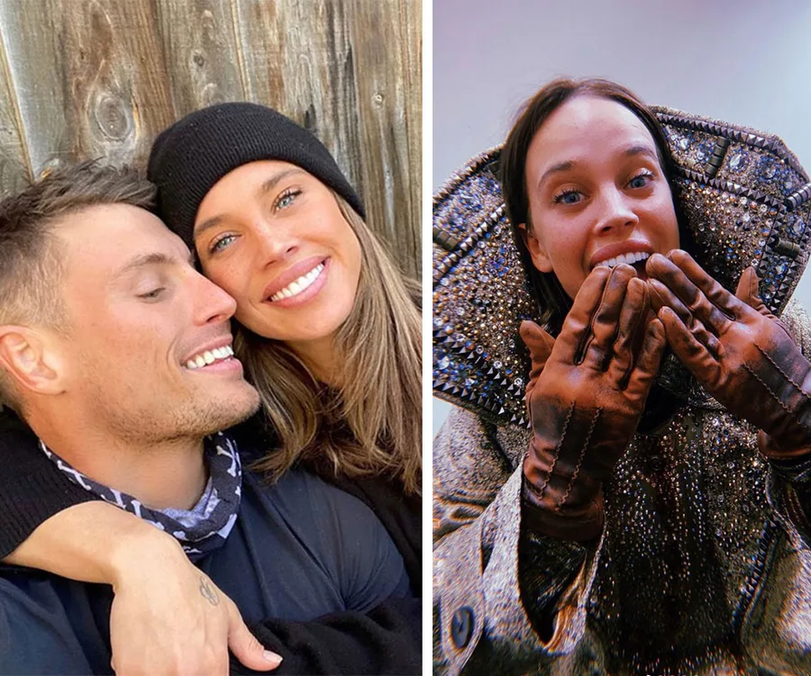 Couple smiling outdoors; woman in beanie. Next: Woman in studded jacket, brown gloves covering mouth, playful expression.