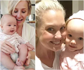 A woman smiles at an infant, holding them lovingly, in two different lighting settings.