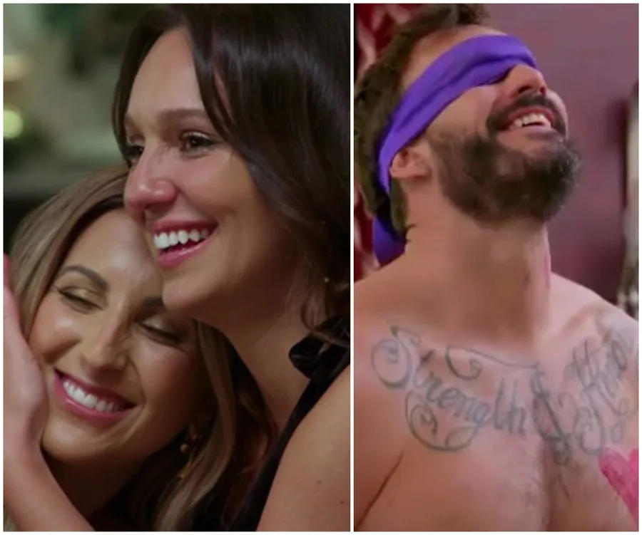 Two women smiling and hugging on the left; a bearded man with a purple blindfold and tattoos on the right.