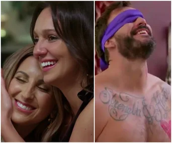 Two women smiling and hugging on the left; a bearded man with a purple blindfold and tattoos on the right.