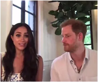 Prince Harry and Meghan Markle during a virtual appearance for Time 100, seated indoors with a plant in the background.
