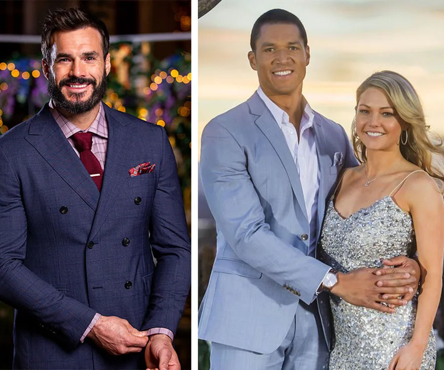 A man in a suit smiles at the camera. Another couple poses together, dressed formally, in a scenic outdoor setting.