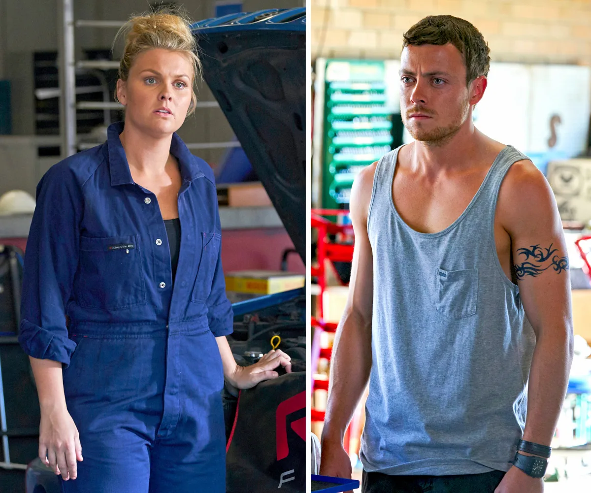 Ziggy in blue coveralls at a garage, Dean in a gray tank top with a tribal tattoo, both looking serious.
