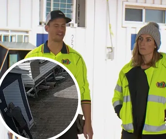 Two people in high-visibility jackets stand outside a building; inset shows a person near a house under construction.