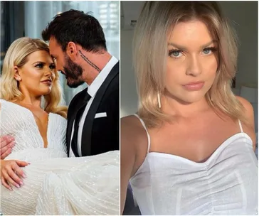 Two images: Left shows a couple embracing, one in a suit, one in a white dress. Right is a woman in a white top.