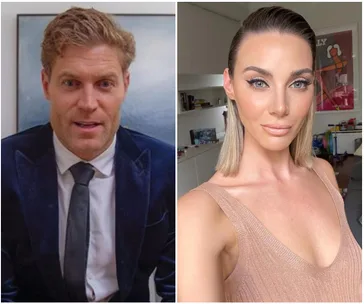 A man in a suit and a woman with sleek hair pose separately indoors against modern backdrops.