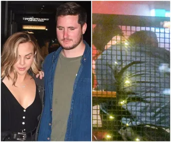 A woman and man walking closely; a second image shows a couple behind a netting, possibly kissing.