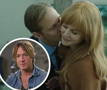 Nicole Kidman and Alexander Skarsgård in "Big Little Lies" scene; inset of Keith Urban in an interview.