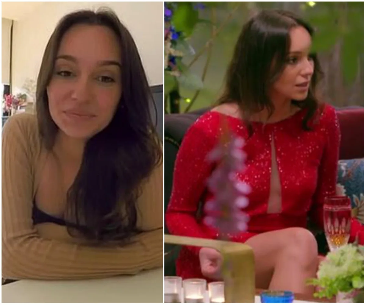 Two images of a woman with long dark hair, one at home and the other in a red dress at an event.