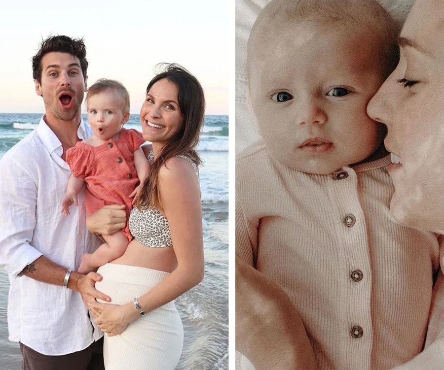 Family on a beach with a baby in coral outfit; smiling woman, surprised man, close-up of mom with baby in pink.
