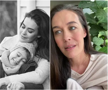 Woman with child in a touching moment on the left; woman looking thoughtful with a plant in the background on the right.