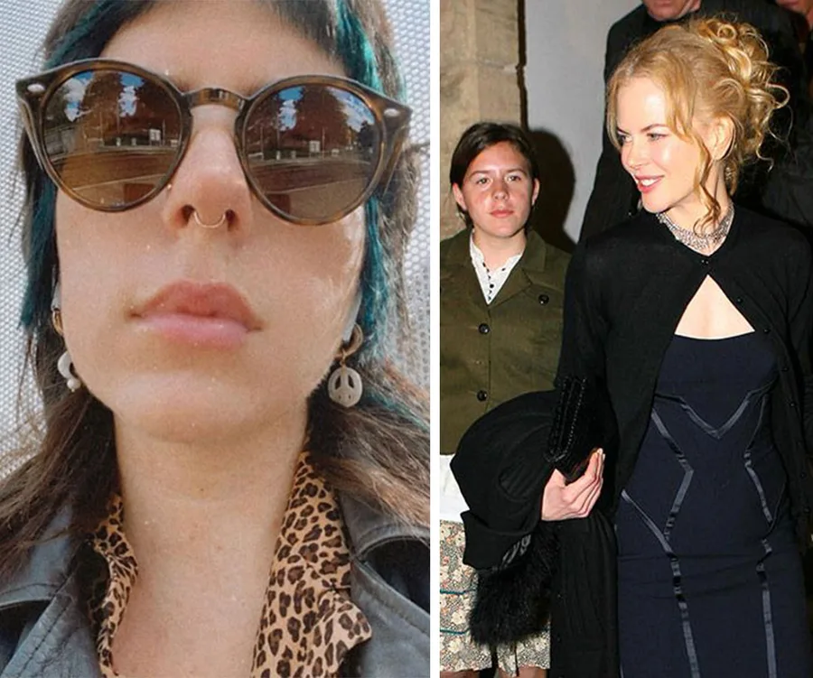 Selfie of woman in sunglasses and leather jacket; woman with curly blonde hair in formal dress beside another person.