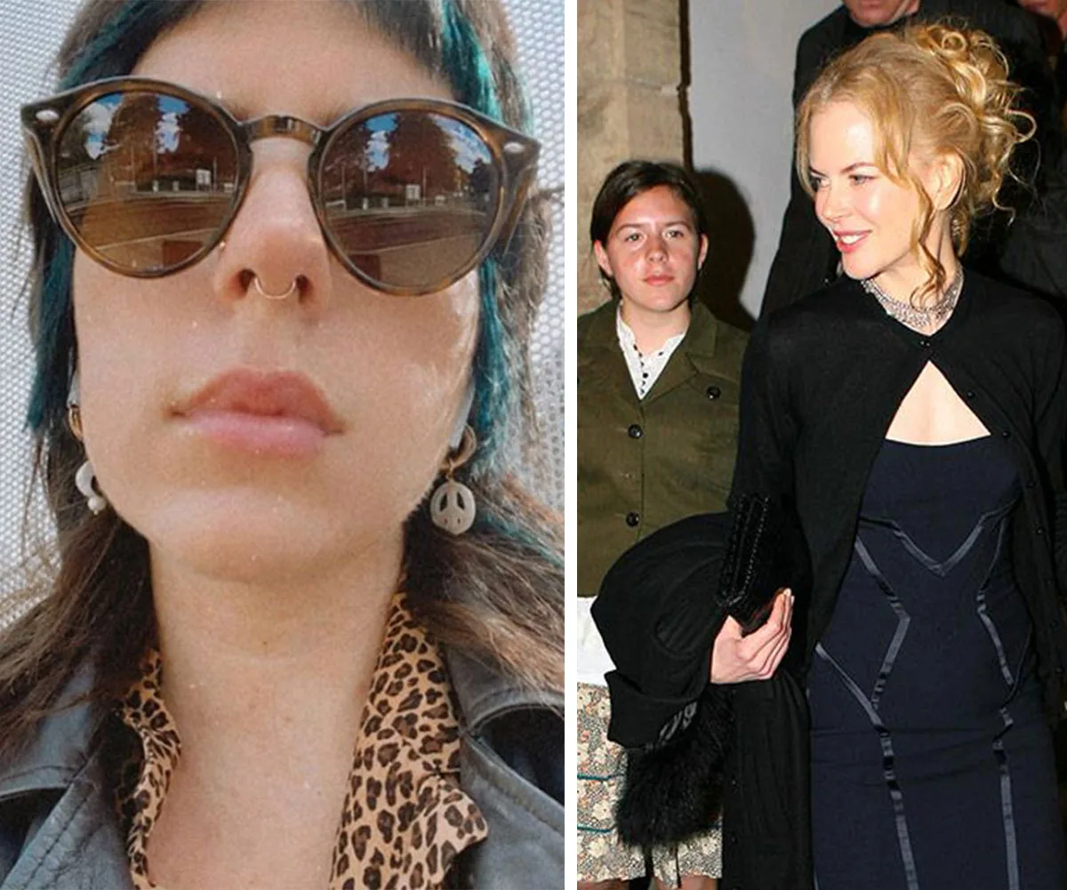 Selfie of woman in sunglasses and leather jacket; woman with curly blonde hair in formal dress beside another person.