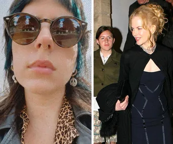 Selfie of woman in sunglasses and leather jacket; woman with curly blonde hair in formal dress beside another person.