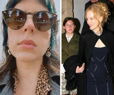 Selfie of woman in sunglasses and leather jacket; woman with curly blonde hair in formal dress beside another person.