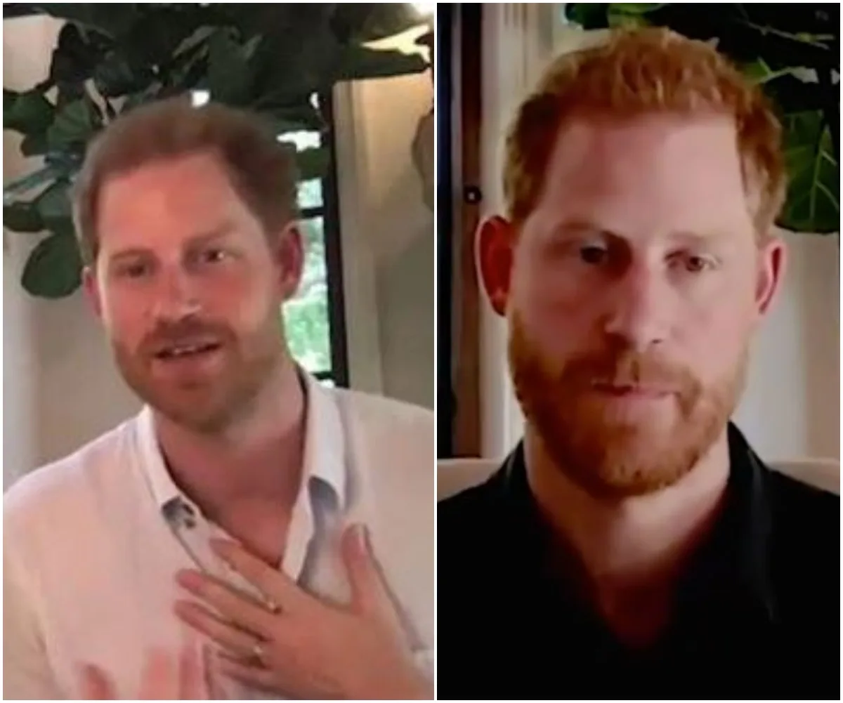 "Two images of a red-haired man with a beard, wearing a white shirt and a dark shirt, sitting indoors."