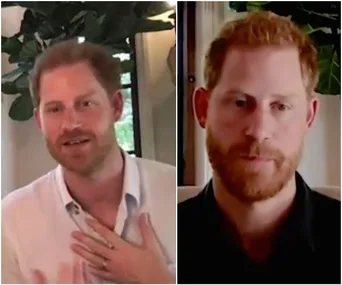 "Two images of a red-haired man with a beard, wearing a white shirt and a dark shirt, sitting indoors."