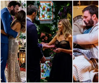 Two individuals embrace and interact in sentimental moments from The Bachelor Australia 2020.