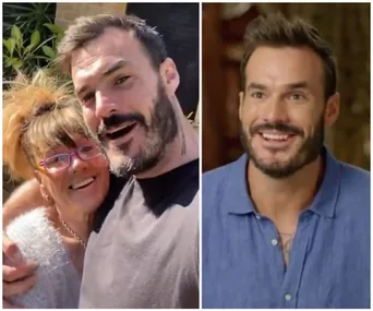 Man smiling with a woman on left, same man in interview on right.