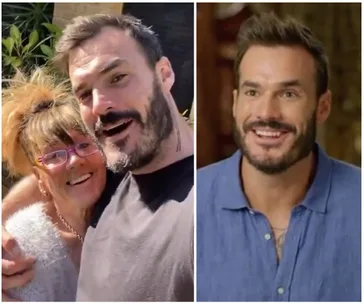 Man smiling with a woman on left, same man in interview on right.