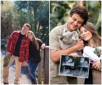 Couple smiling outdoors and posing with a koala; holding ultrasound images, signifying excitement and nature connection.