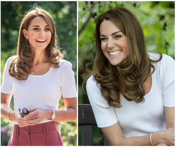 Kate Middleton in a white top and pink pants, smiling outdoors in a garden setting.