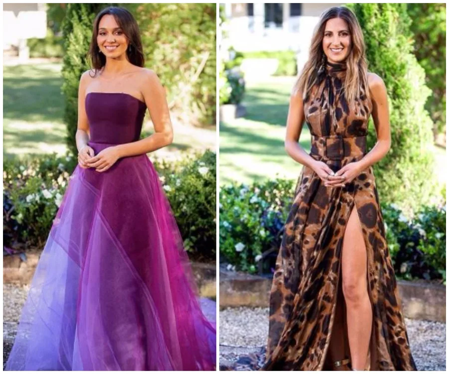 Two women in elegant dresses; one in purple strapless, the other in a patterned halter with a slit, both posed outdoors.