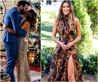 Couple embracing and kissing; woman in a sequined dress. Another image of a woman in a patterned dress outdoors.