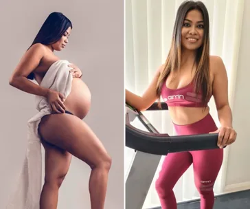 Pregnant woman with a white towel on the left, woman in red workout attire on the right, both showing transformation.
