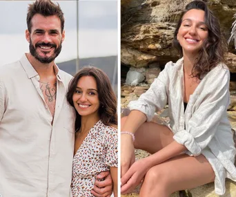 Two images: A couple smiling, with a man in a light shirt; woman in a floral dress. Second image: same woman smiling, sitting by rocks.