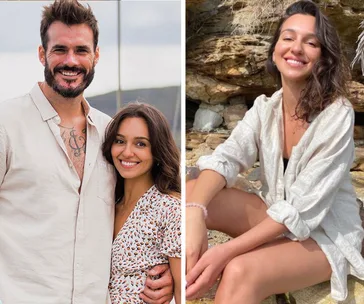 Two images: A couple smiling, with a man in a light shirt; woman in a floral dress. Second image: same woman smiling, sitting by rocks.