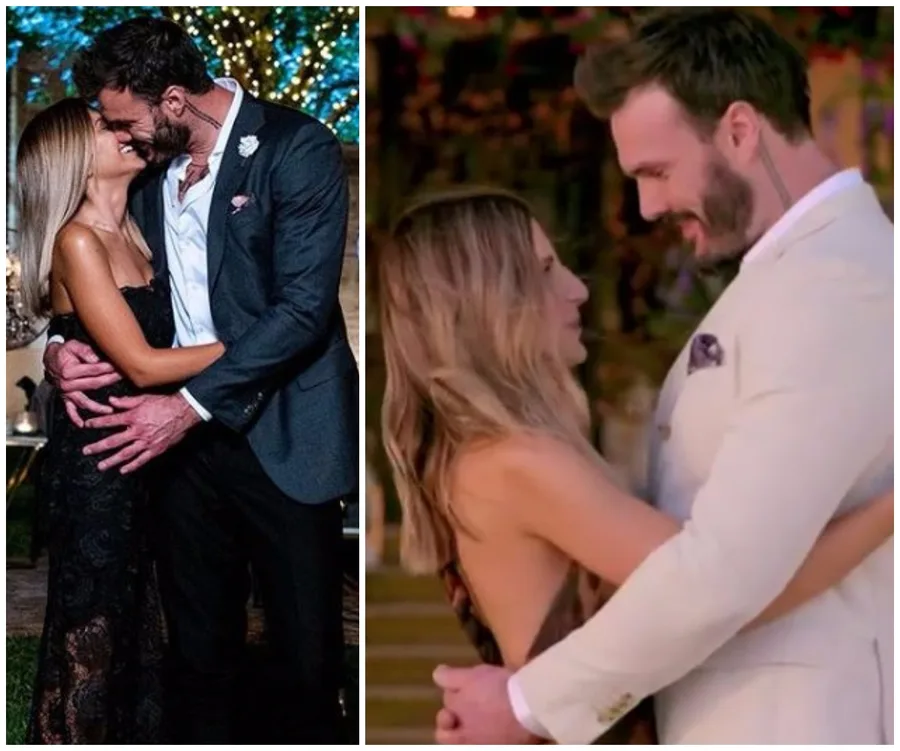 A couple embraces and smiles at each other under festive lights and in an elegant setting.