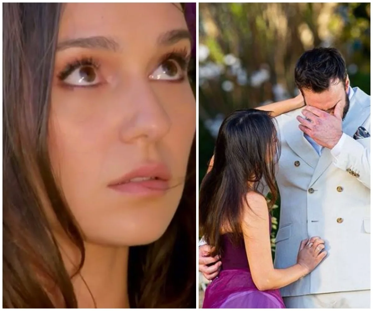 A woman looking up emotionally, and in another scene, she comforts a man in a white suit who is wiping his eyes.