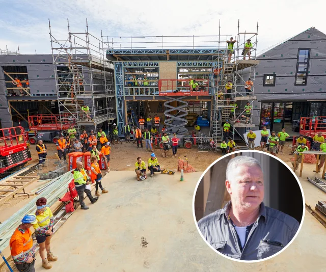 Construction site with workers in safety gear; inset shows a man in casual wear.