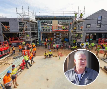 Construction site with workers in safety gear; inset shows a man in casual wear.