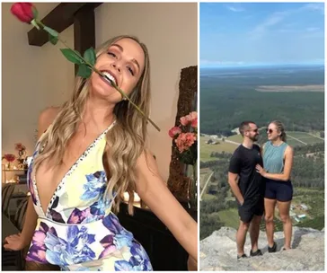 A woman holds a rose smiling indoors; a couple stands on a scenic cliff, embracing and smiling.