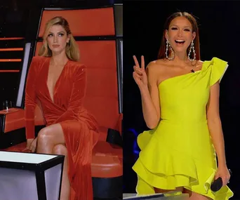 Delta Goodrem in a red dress and Ricki-Lee Coulter in a yellow dress on "The Voice" set, posing during the show.