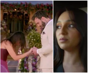 Two scenes: Emotional woman in maroon dress facing man in white suit; close-up of same woman looking pensive.