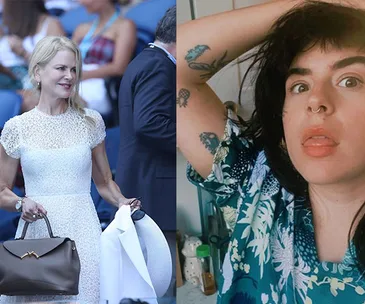 Two women side-by-side: one in a white dress at an event, another in a floral shirt with tattoos, posing indoors.