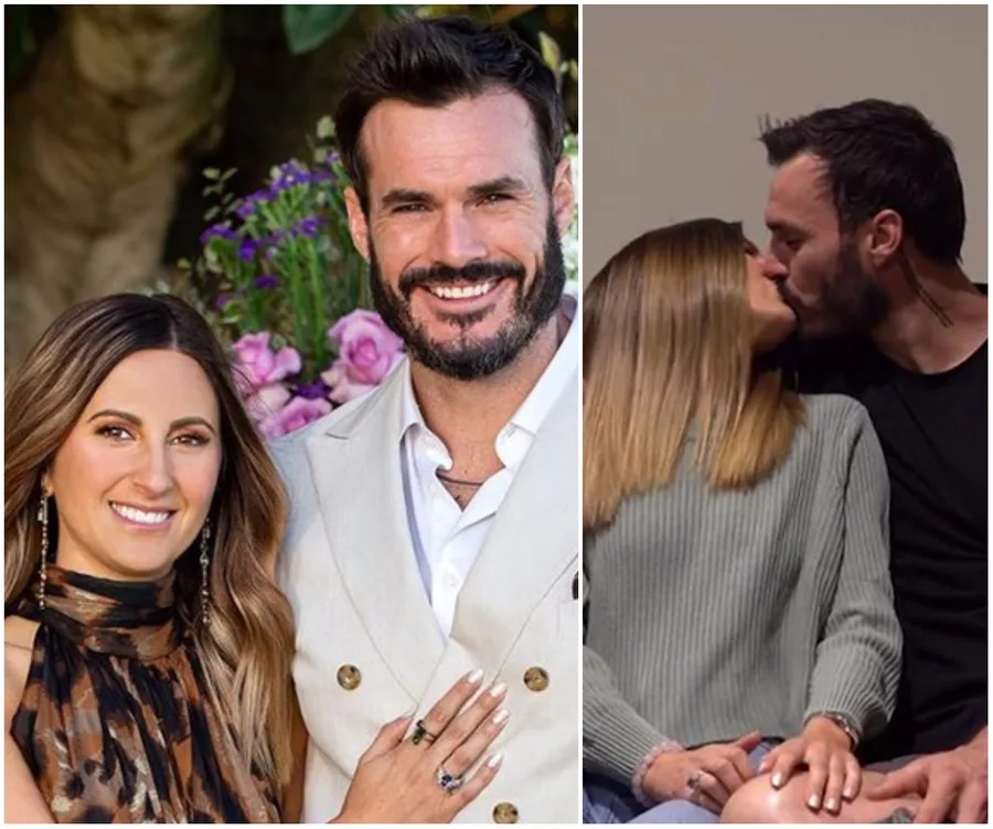 Couple smiling in nature; another image shows them kissing indoors.